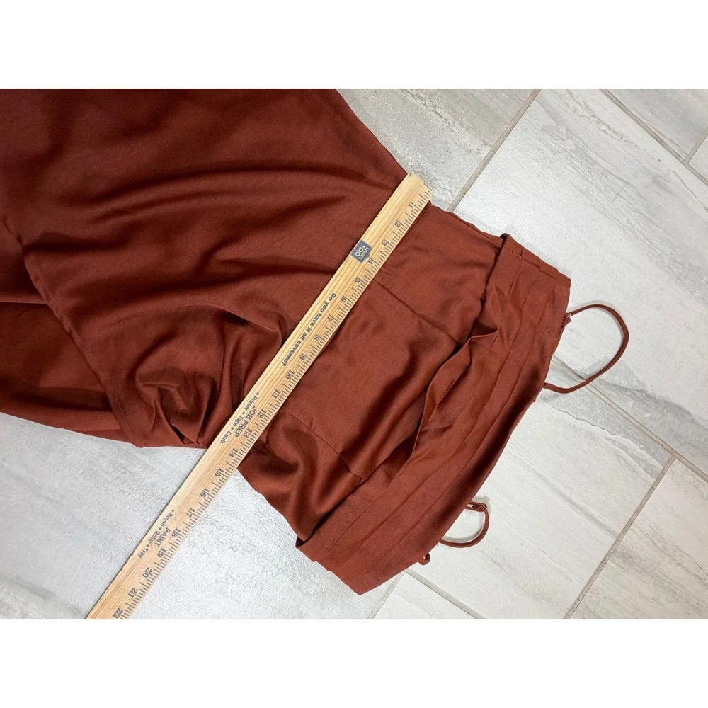 Sadie & Sage Luxe Rust Brown Satin Pleated Wrap Tulip Hem Mini Dress